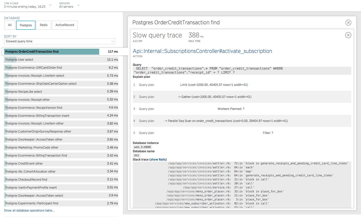 Screenshot from New Relic showing a slow query trace from the Postgres `OrderCreditTransaction find` operation.